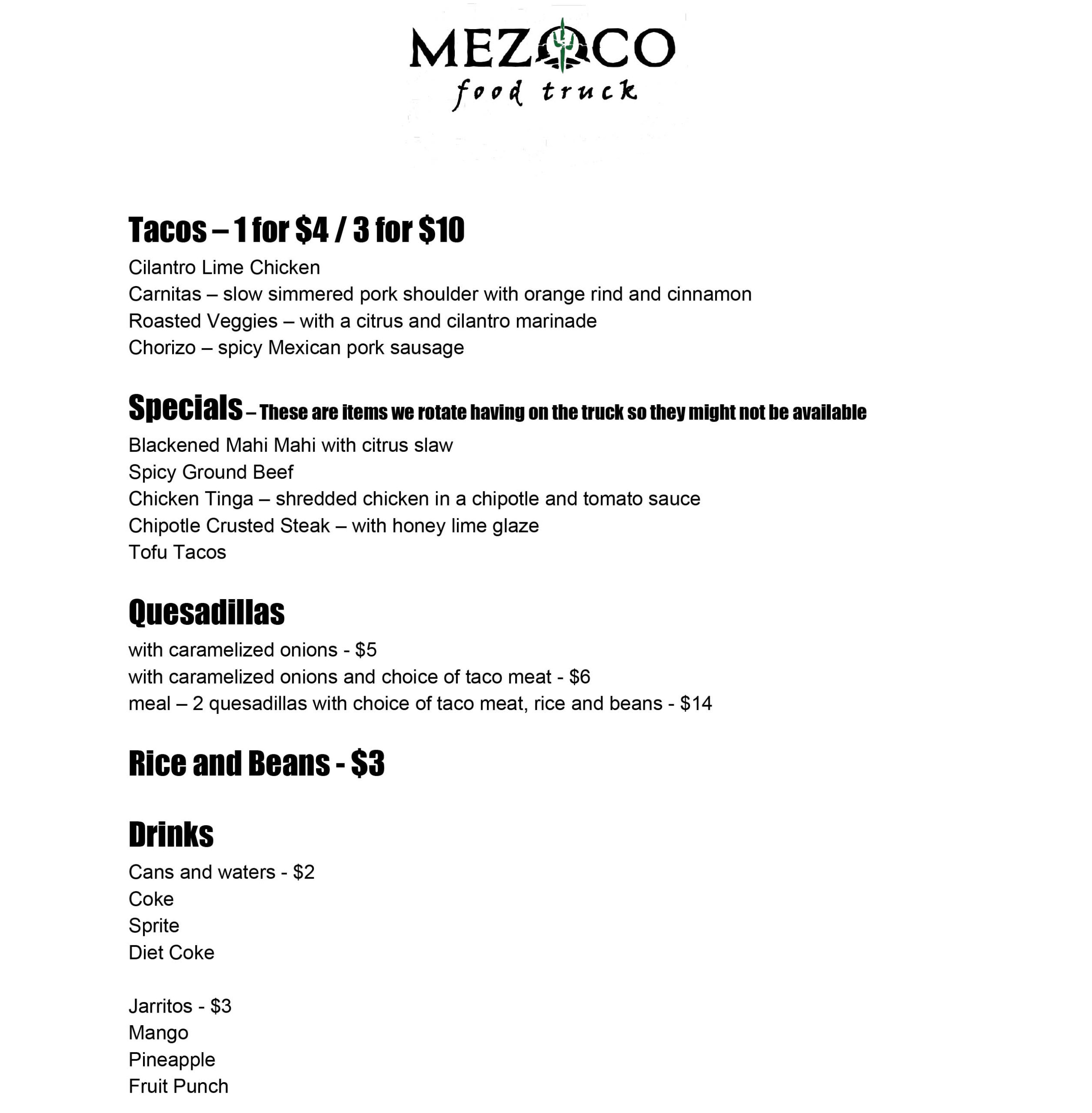 Mezoco Menu | Food Trucks On The Move